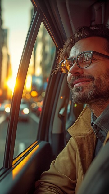 Een zakenman zit in een taxi en kijkt uit het raam.