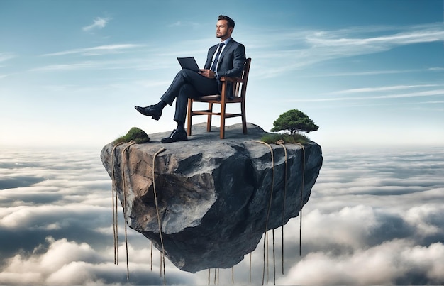 een zakenman zit op een houten stoel geplaatst op een hangende rots in de lucht