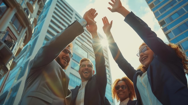 Een zakenteam viert succes met highfives.