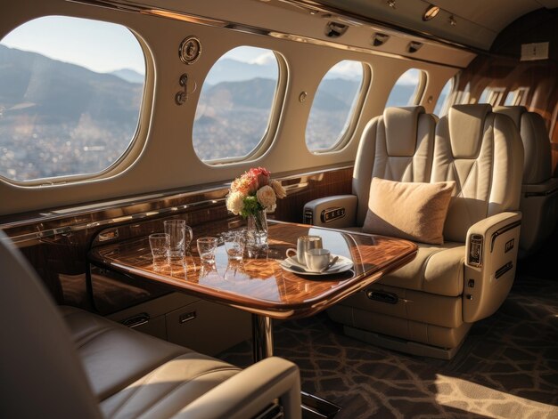 Een zakenvliegtuig met tafels en andere stoelen in de stijl van donkerbeige en bruine moderne en luxe Generative AI
