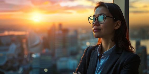 Een zakenvrouw die de skyline van de stad bij zonsondergang bekijkt