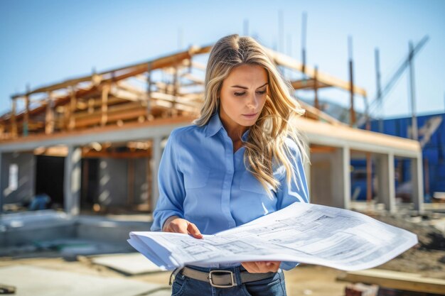 een zakenvrouw die ook ingenieur is en die zelfverzekerd een bouwplan vasthoudt dat haar rol in projectmanagement en planning symboliseert