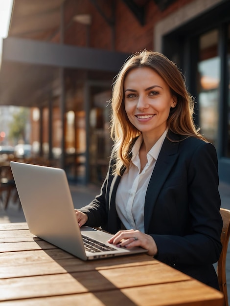 Een zakenvrouw met een laptop of tablet werkt in een café op straat in de buurt van een modern bedrijf