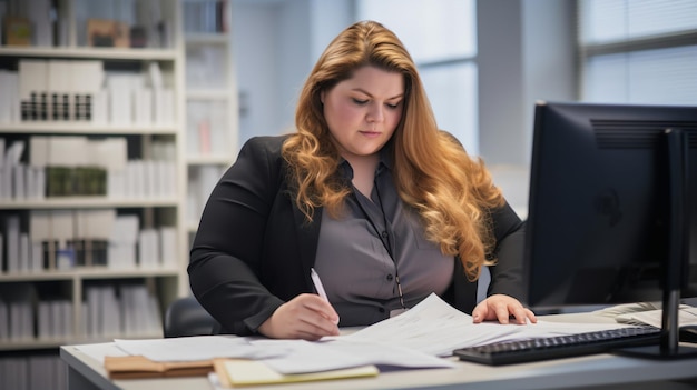 Een zakenvrouw werkt aan haar bureau