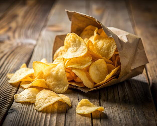 een zakje aardappelchips op een houten tafel