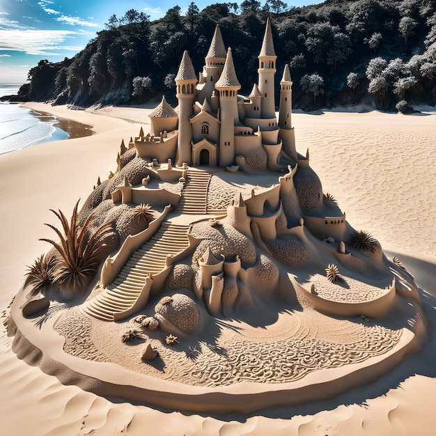 Een zandkasteel is gemaakt door het bedrijf dat op het strand is.