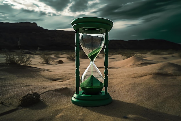 Een zandloper in het zand met het woord tijd erop