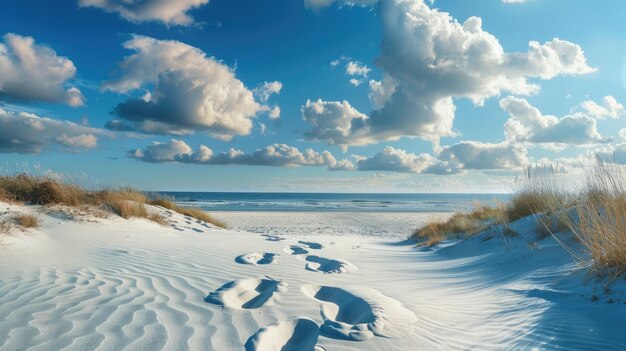 Foto een zandpad door het natuurlijke landschap leidt naar de vloeibare horizon van de oceaan.