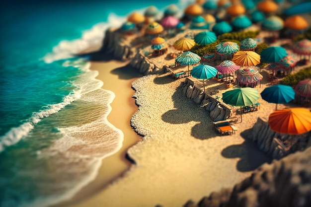 Een zandstrand bezaaid met kleurrijke parasols en zachte golven die tegen de kust klotsen