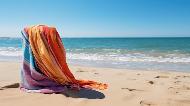 Een zandstrand met helder blauw water en een kleurrijke strandhanddoek