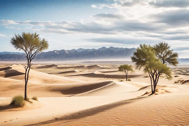 Een zandwoestijn met eenzame bomen tegen een achtergrond van bergen
