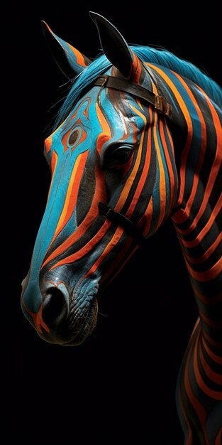 Een zebra beschilderd met oranje en blauwe strepen.