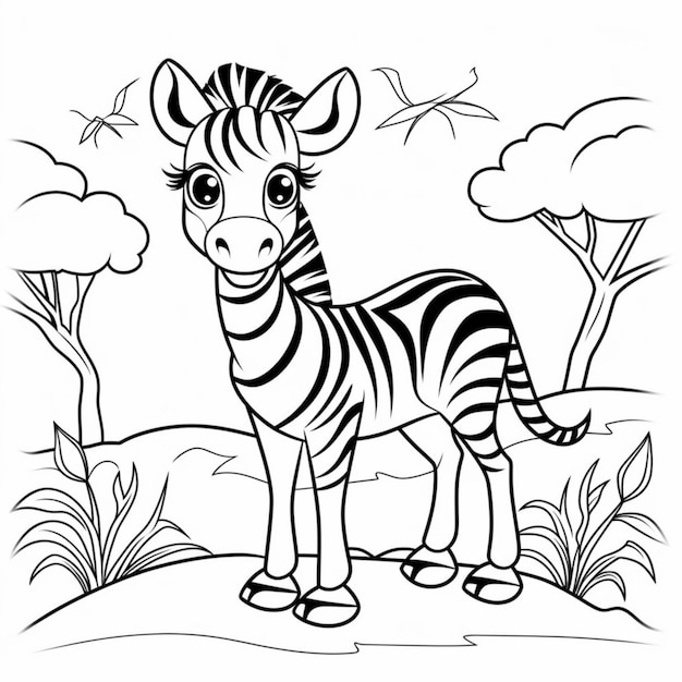 Foto een zebra die in het gras staat met bomen en struiken op de achtergrond generatieve ai
