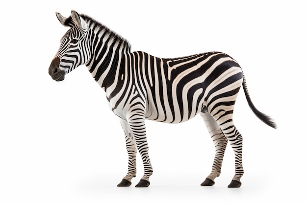 een zebra die op een wit oppervlak met een witte achtergrond staat