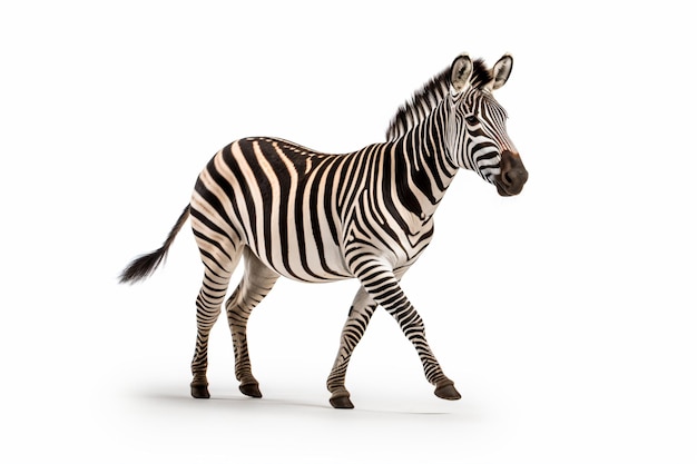 een zebra die over een wit oppervlak loopt
