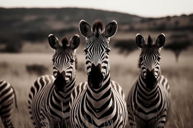 Een zebra met een zwart-wit gezicht kijkt naar de camera.