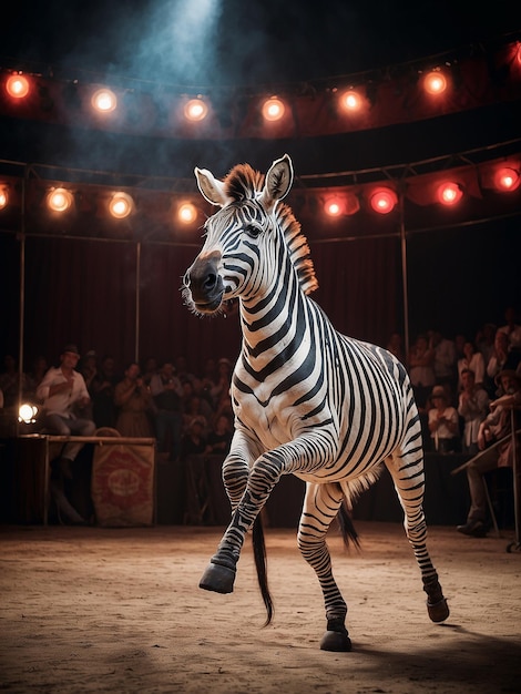een zebra-personage die optreedt als een circus acrobat