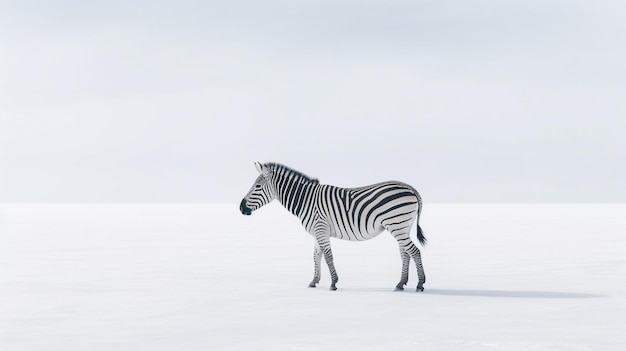 een zebra staat in de sneeuw met een grijze achtergrond.