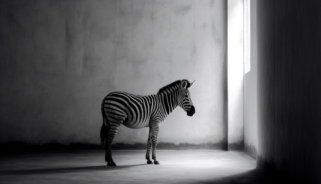 Een zebra staat in een donkere kamer waar licht op schijnt.