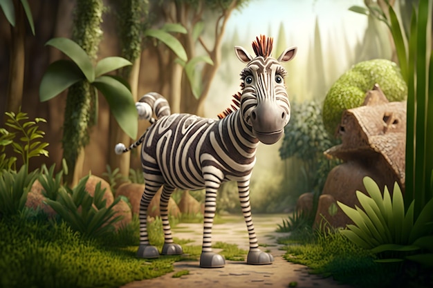 Een zebra staat in een jungle met een groene achtergrond.