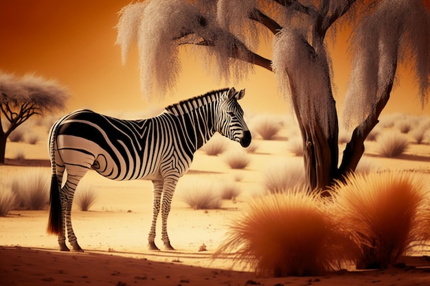 Een zebra staat voor een boom met een oranje lucht op de achtergrond.