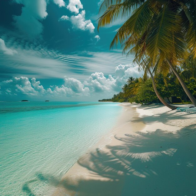 Een zeebries met zandstrand en palmbomen