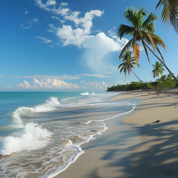 Een zeebries met zandstrand en palmbomen