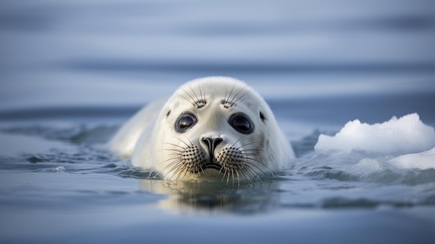 Een zeehond die met gesloten ogen in het water zwemt.