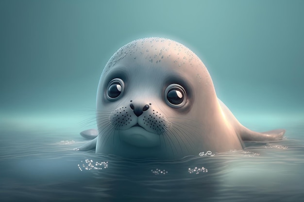 Een zeehond die met grote ogen in het water zwemt.