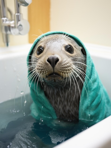 een zeehond in een badkuip met een handdoek op zijn hoofd