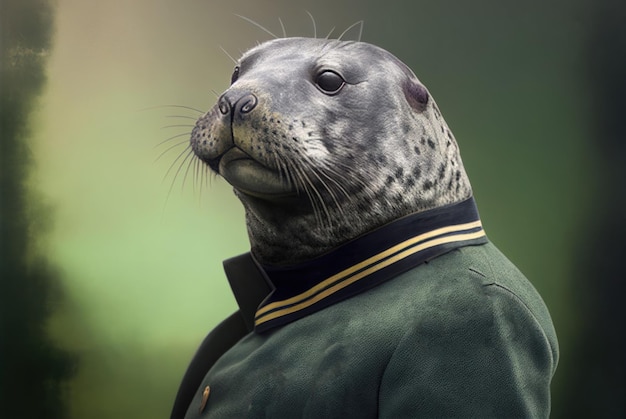 Een zeehond in een groen jasje met het woord zegel erop.