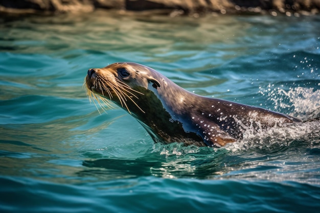 een zeehond zwemt met open bek in het water