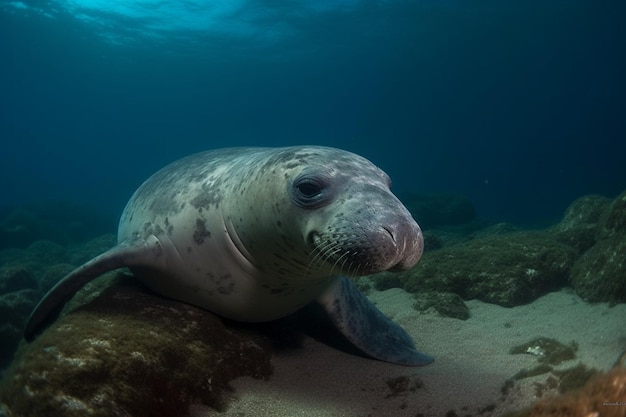 Een zeehond zwemt onder water en kijkt naar de camera.