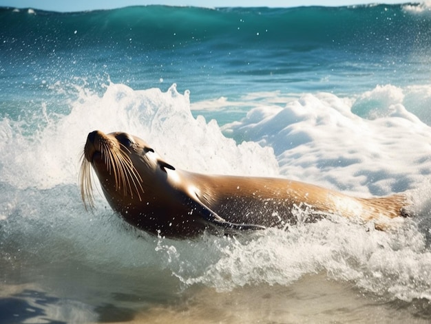 Een zeeleeuw zwemt in de oceaan.