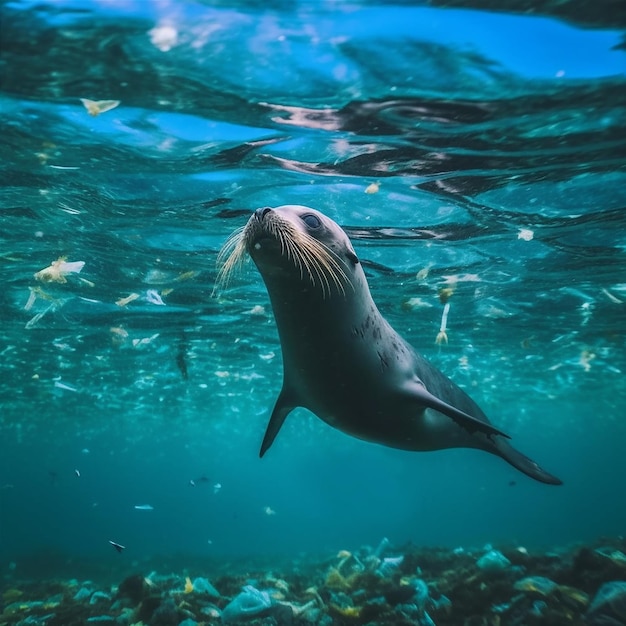 Een zeeleeuw zwemt onder water in Nieuw-Zeeland.