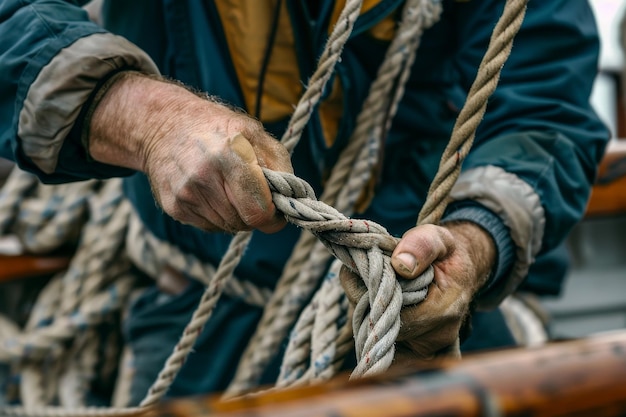 Een zeeman die vaardig knopen aan touwen en rigging bindt, wat zeemanschap en expertise in maritieme vaardigheden toont