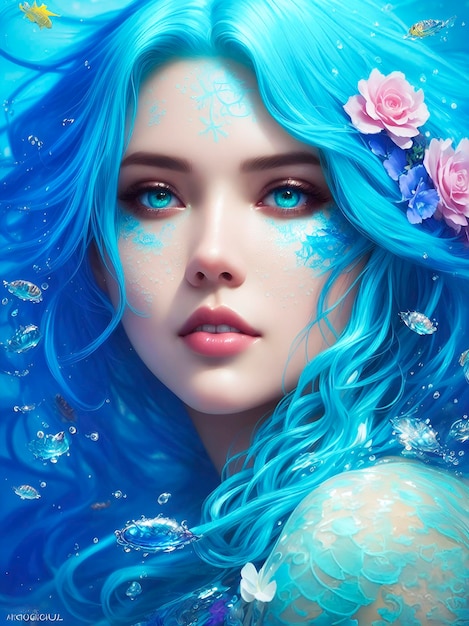 Een zeemeermin met blauw haar en roze bloemen