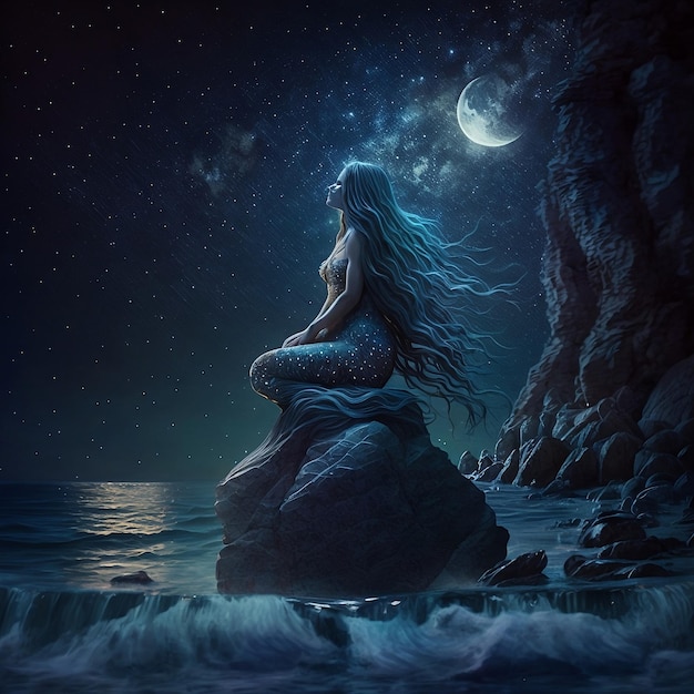Een zeemeermin zit op een rots met de maan op de achtergrond.