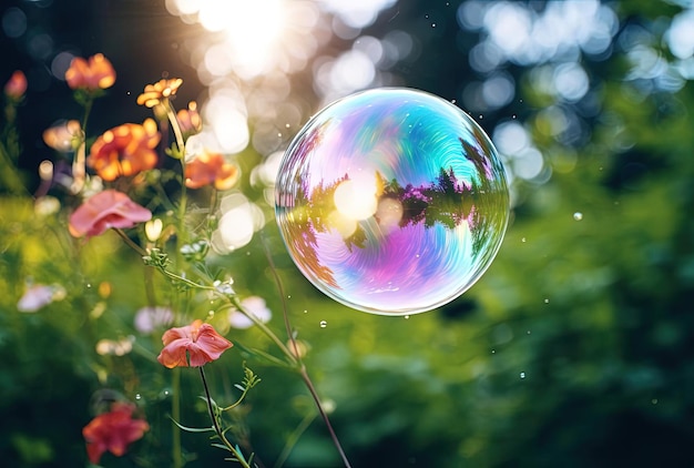 Foto een zeepbel die in de lucht drijft in de stijl van de diepte van het veld