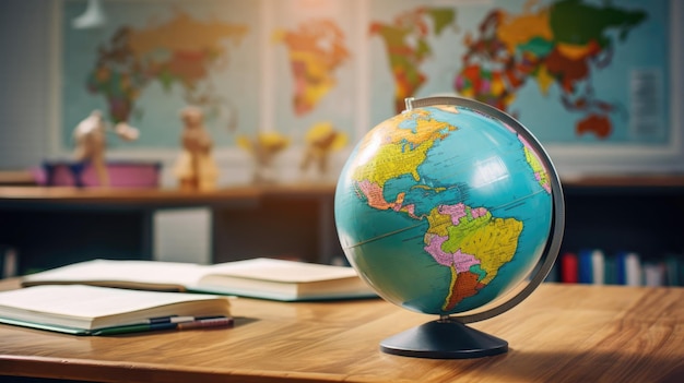 Een zeer gedetailleerde wereldkaart en wereldbol op een bureau in de klas Generatieve AI