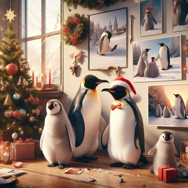 Een zeer gelukkige pinguïnfamilie viert Kerstmis in de winter