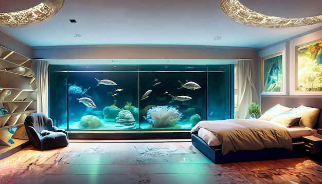 Een zeer groot en mooi huis aquarium luxe slaapkamer generatieve Ai