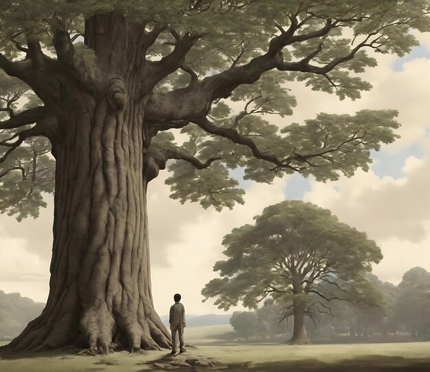 Een zeer grote hoge en dikke boom beneden staat een kleine man die naar de boom kijkt door AI genera