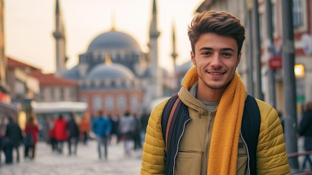 Een zeer knappe en glimlachende Turkse moslimtiener staat voor de moskee