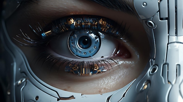 Een zeer realistische close-up van een robot AI in zijn pupillen wordt weerspiegeld een ruimteschip