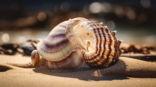 Een zeeschelp ligt op een strand.