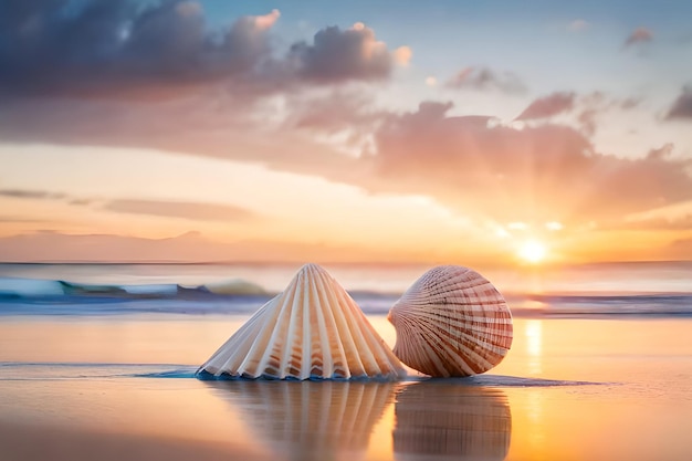 Een zeeschelp op een strand met daarachter de ondergaande zon