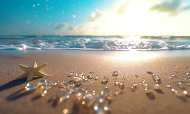 Foto een zeeschelp op een strand met daarachter de ondergaande zon