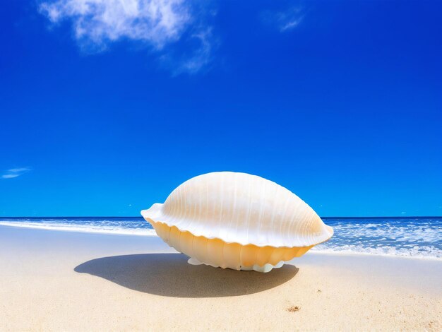 Een zeeschelp op een strand met een blauwe lucht op de achtergrond ai gegenereerd