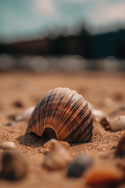 Een zeeschelp op het strand met een donkere achtergrond